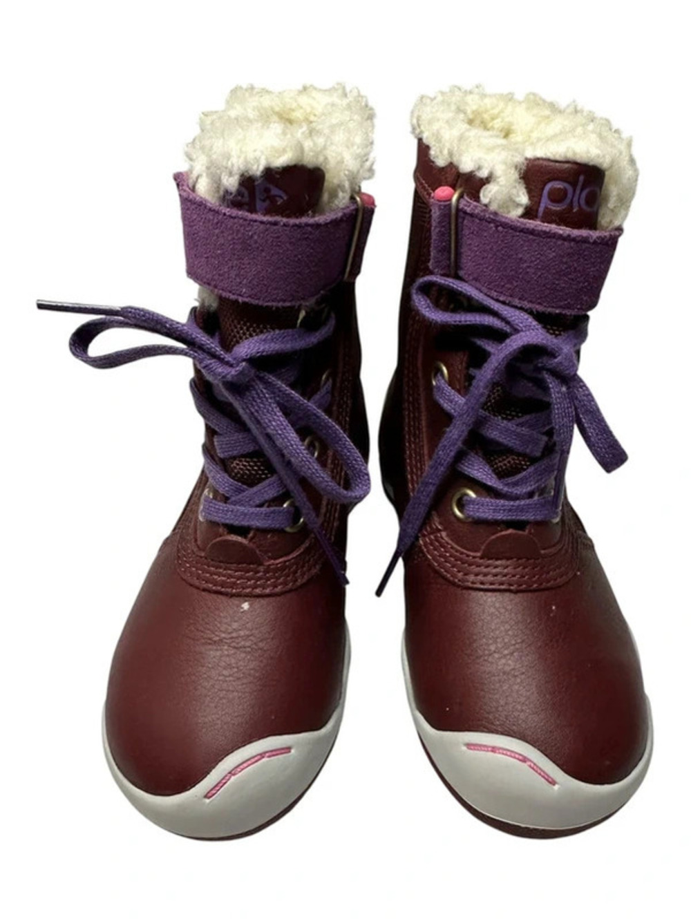 PLAE Kids Waterproof Winter Boots Burgundy Purple Faux Fur Lace Up